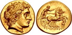 Greek KINGS of MACEDON. Philip III Arrhidaios. 323-317 BC. AV Stater (18mm, 8.54 g, 12h). In the types of Philip II. Kolophon mint. Struck under Menander or Kleitos, circa 322-319 BC. Head of Apollo r