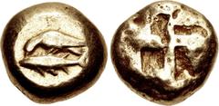 Greek MYSIA, Kyzikos. Circa 600-550 BC. EL Stater (17mm, 16.09 g). Eagle left, wings closed and head down, holding tunny left in its talons / Quadripartite incuse square. Unpublished. VF. Possibly uni