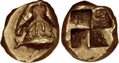 Greek MYSIA, Kyzikos. Circa 450-330 BC. EL Hekte – Sixth Stater (9mm, 2.68 g). Two eagles standing facing each other on ornamented omphalos; below, tunny right / Quadripartite incuse square. Hurter & 
