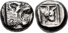 Greek CYPRUS, Uncertain (Kourion?). Circa 500-480 BC. AR Third Stater (12mm, 3.77 g, 4h). Head of roaring lion right / Head of bull right in dotted square within incuse square. Cf. Zapiti & Michaelido
