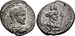 Roman Provincial SELEUCIS and PIERIA, Gabala. Macrinus. AD 217-218. AR Tetradrachm (25.5mm, 13.50 g, 11h). Laureate, draped, and cuirassed bust right / Draped bust of Tyche right, wearing mural crown,