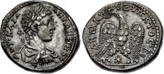Roman Provincial SELEUCIS and PIERIA, Laodicea ad Mare. Caracalla. AD 198-217. AR Tetradrachm (26.5mm, 15.93 g, 11h). Struck AD 205-207. Laureate, draped, and cuirassed bust right / Eagle standing fac