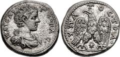 Roman Provincial SELEUCIS and PIERIA, Laodicea ad Mare. Geta. As Caesar, AD 198-209. AR Tetradrachm (25.5mm, 12.69 g, 12h). Struck AD 205-207. Bareheaded, draped, and cuirassed bust right / Eagle stan