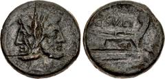 Roman Republican C. Sulpicius C.f. Galba. 106 BC. Æ As (30mm, 32.54 g, 7h). Rome mint. Laureate head of bearded Janus; I (mark of value) above / Prow of galley right; C • SV(LP)I above, [palm frond] b