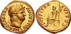 Roman Imperial Nero. AD 54-68. AV Aureus (19mm, 7.32 g, 6h). Rome mint. Struck circa AD 64-65. NERO CAESAR AVGVSTVS, laureate head right / IVPPITER CVSTOS, Jupiter, bare to waist, with cloak around lo