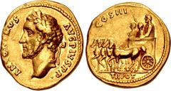 Roman Imperial Antoninus Pius. AD 138-161. AV Aureus (17mm, 6.93 g, 6h). Rome mint. Struck circa AD 140. ANTONINVS AVG PIVS P P •, laureate head left / TR POT in exergue, COS III above, Antoninus Pius