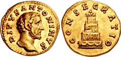 Roman Imperial Divus Antoninus Pius. Died AD 161. AV Aureus (18.5mm, 6.75 g, 12h). Consecration issue. Rome mint. Struck under Marcus Aurelius and Lucius Verus, circa AD 161. DIVVS ΛNTONINVS, bare hea