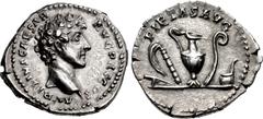 Roman Imperial Marcus Aurelius. As Caesar, AD 139-161. AR Denarius (19mm, 3.03 g, 12h). Rome mint. Struck under Antoninus Pius, AD 140-144. Bare head right / Emblems of the augurate and pontificate: s