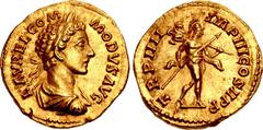 Roman Imperial Commodus. AD 177-192. AV Aureus (20mm, 7.18 g, 12h). Rome mint. Struck under Marcus Aurelius and Commodus, AD 179. L • AVREL • COM MODVS AVG, laureate, draped, and cuirassed bust right 