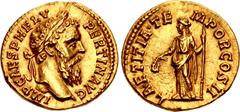 Roman Imperial Pertinax. AD 193. AV Aureus (20mm, 7.25 g, 12h). Rome mint. Struck 1 January-28 March AD 193. IMP CAES P HELV PERTIN • AVG, laureate head right / LAETITIA • TE MPOR COS II, Laetitia, dr