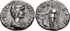Roman Imperial Manlia Scantilla. Augusta, AD 193. AR Denarius (17mm, 3.11 g, 12h). Rome mint. Struck under Didius Julianus. Draped bust right / Juno standing left, holding patera and vertical scepter;