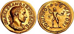 Roman Imperial Severus Alexander. AD 222-235. AV Aureus (21.5mm, 6.46 g, 12h). Rome mint. 15th emission, AD 232. IMP ALEXANDER PIVS AVG, laureate, draped and cuirassed bust right / IOVI PRO PVGNATORI,