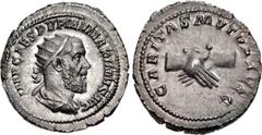 Roman Imperial Pupienus. AD 238. AR Antoninianus (22mm, 5.72 g, 12h). Rome mint. 2nd emission. IMP CAES PVPIEN MAXIMVS AVG, Radiate, draped, and cuirassed bust right / CARITAS MVTVA AVGG, clasped righ