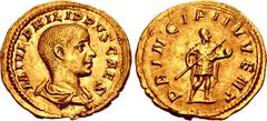 Roman Imperial Philip II. As Caesar, AD 244-247. AV Aureus (21mm, 4.76 g, 12h). Rome mint. 2nd emission of Philip I, AD 245. M IVL PHILIPPVS CAES, bareheaded and draped bust right / PRINCIPI IVVENT, P