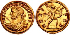 Roman Imperial Carinus. As Caesar, AD 282-283. AV Aureus (19mm, 4.67 g, 12h). Siscia mint. 1st emission, AD 282. M AVR CARINVS NOB CAES, laureate, draped, and cuirassed bust left, seen from behind, ho
