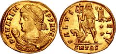 Roman Imperial Valens. AD 364-378. AV Solidus (21.5mm, 4.48 g, 11h). Thessalonica mint. Struck AD 364-367. D N VALEN S P F AVG, pearl-diademed, half-length bust left, wearing toga picta, holding mappa