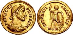 Roman Imperial Procopius. Usurper, AD 365-366. AV Solidus (22mm, 4.43 g, 6h). Constantinople mint. Struck September–end of AD 365. D N PROCO PIVS P F AVG, pearl-diademed, draped, and cuirassed bust ri