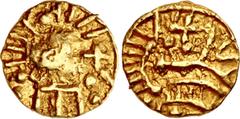 Early Medieval & Islamic MEROVINGIANS, Pseudo-Imperial coinage. Circa 500-580. AV Tremissis (12mm, 1.42 g, 12h). Imitating a Visigothic issue of a tremissis of Anastasius I to Justinian I. Uncertain m