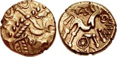 British CELTIC, Atrebates & Regni. Commius. Circa 50-25 BC. AV Stater (17mm, 5.48 g). Commios Muzzles (Atrebatic C) type. Southern mint. Struck circa 30-25 BC. Devolved head of Apollo right, with two 