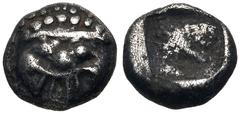 Greek GAUL, Massalia. Circa 525-460 BC. AR Hemiobol (6.5mm, 0.53 g). Gorgoneion / Rough incuse square. Cf. Rosen 380 = Rosen Sale 134 (triobol; Asia Minor); cf. MMAG FPL 296, no. 9 (triobol; Asia Mino