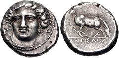 Greek THESSALY, Larissa. Circa 405/0-370 BC. AR Drachm (18mm, 6.18 g, 9h). Obverse die signed by Geu–. Head of the nymph Larissa facing slightly left, wearing ampyx [inscribed ΓEY], earring, garment c