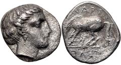 Greek THESSALY, Larissa. Circa 365-356 BC. AR Hemidrachm (15mm, 2.70 g, 2h). Head of the nymph Larissa right, wearing earring / ΛΑΡΙ, bridled horse standing left, preparing to lie down; plant below, Π