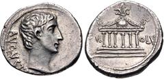 Roman Imperial Augustus. 27 BC-AD 14. AR Denarius (19mm, 3.62 g, 8h). Pergamum mint. Struck circa 21 BC. AVGVSTV[S], bare head right / [I]OVI OLV across field, hexastyle temple of Olympian Jupiter on 