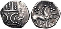 British CELTIC, Iceni. Saenu (Prasutagus). Circa AD 50-60. AR Unit (13mm, 1.23 g). Saenu Six (Icenian L) type. Two opposed crescents with pellets between, superimposed upon band of three lines surroun