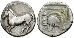 KINGS of MACEDON. Archelaos. 413-400/399 BC. AR Diobol (14mm, 2.01 g, 4h). Pella mint. Horse prancing left / AΡXEΛ-A-O, Crested helmet left in double linear square within shallow incuse square. Wester