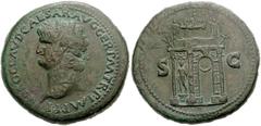 Nero. AD 54-68. Æ Sestertius (36mm, 27.92 g). Lugdunum (Lyons) mint. Struck circa AD 66. Laureate head left, globe at point of bust / Triumphal arch surmounted by statue of emperor in quadriga accompa
