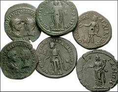 ROMAN. Provincial. Lot of six north Greece Æ with Confronted Heads. Moesia Inferior. Marcianopolis. Gordian III and Serapis // Same. Macrinus and Diadumenian // Thrace. Anchialus. Gordian III and Tran