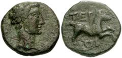 LYCIA, Termessus by Oenoanda.Tiberius. AD 14-37. Æ 18mm (4.04 g). Bare head right / TEP OI, galloping horse right. RPC I 3360. VF, brown and green patina. From the Garth R. Drewry Collection.