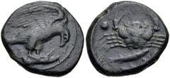 Greek SICILY, Akragas. Circa 415-406 BC. Æ Hexas (19.5mm, 6.25 g, 1h). Eagle standing right on pig / Crab; two pellets (mark of value) flanking; below, two fish right. Westermark, Coinage 938 (P.O2/P.
