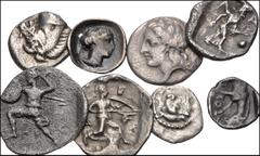 Greek THESSALY. Lot of eight (8) silver fractions. Includes: Thessalian League. Obol // Kierion. Hemiobol // Lamia. Obol // Larissa. Obol // Pelinna. Trihemiobol // Perrhaiboi. Trihemiobol // Pharkado