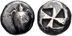 Greek ISLANDS off ATTICA, Aegina. Circa 510-490 BC. AR Stater (18mm, 11.73 g). Sea turtle, head in profile, [with thin collar and row of dots down its back] / Incuse square with mill-sail pattern. Mea