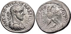 Selections from the Michel Prieur Collection CYRRHESTICA, Hierapolis. Macrinus. AD 217-218. AR Tetradrachm (25mm, 10.77 g, 12h). Laureate, draped, and cuirassed bust right / Eagles standing facing, he