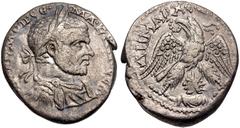 Selections from the Michel Prieur Collection SELEUCIS and PIERIA, Emesa. Macrinus. AD 217-218. AR Tetradrachm (23.5mm, 11.91 g, 12h). Laureate, draped, and cuirassed bust right / Eagle standing facing