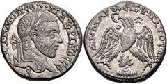Selections from the Michel Prieur Collection SELEUCIS and PIERIA, Emesa. Macrinus. AD 217-218. AR Tetradrachm (25.5mm, 11.69 g, 12h). Laureate head right / Eagle standing facing, head and tail left, w