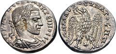 Selections from the Michel Prieur Collection SELEUCIS and PIERIA, Laodicea ad Mare. Macrinus. AD 217-218. AR Tetradrachm (26mm, 15.45 g, 6h). Laureate, draped, and cuirassed bust right / Eagle standin