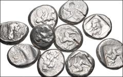 Large Lots GREEK. Asia Minor. Lot of ten (10) AR Staters. Includes: PAMPHYLIA, Aspendos. (7, 3 with test cuts) // PAMPHYLIA, Side // LYCIA, Phaselis // CILICIA, Kelendris. All different. Fine to VF. L