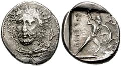 DYNASTS of LYCIA. Perikles. Circa 380-360 BC. AR Stater (23mm, 9.84 g). Struck circa 380-375 BC. Draped three-quarters facing bust left of Perikles, wearing laurel-wreath; dolphin downward to right / 