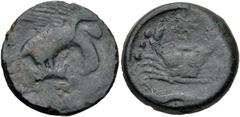 Greek SICILY, Akragas. Circa 415-406 BC. Æ Hemilitron (25.5mm, 13.09 g, 5h). Eagle standing right, wings spread, on hare at which it tears / Crab; leaf above; below, crawfish left; six pellets (mark o