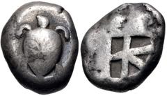Greek ISLANDS off ATTICA, Aegina. Circa 525-480 BC. AR Stater (16.5mm, 12.17 g, 3h). Sea turtle, head in profile, [with trefoil collar] / Small incuse square with skew pattern. Meadows, Aegina, Group 