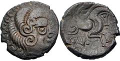 Celtic GAUL, Northwest. Coriosolites. Circa 100-50 BC. BI Stater (20.5mm, 6.27 g, 1h). Celtic head right, hair in large spiral curls, S-like ear / Celticized rider on horseback right; square ornament 
