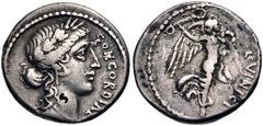 Roman Republican L. Vinicius. 52 BC. AR Denarius (17.5mm, 4.04 g, 12h). Rome mint. Laureate head of Concordia right / Victory flying right, carrying palm frond decorated with four wreaths. Crawford 43