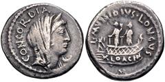 Roman Republican Moneyer issues of Imperatorial Rome. L. Mussidius Longus. 42 BC. AR Denarius (18mm, 3.82 g, 9h). Rome mint. Diademed and veiled head of Concordia right; crescent below chin / Shrine o