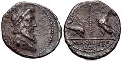 Roman Republican The Pompeians. Cnaeus Pompeius Magnus (Pompey the Great). Spring 48 BC. AR Denarius (18mm, 3.28 g, 1h). Uncertain mint in Greece; Varro, proquaestor. Diademed terminal bust of Jupiter