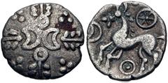 British CELTIC, Iceni. Uninscribed. Circa 65-1 BC. AR Unit (13mm, 1.17 g). Crescent Corn Ears (Icenian F) type. Devolved head of Apollo right, with wreath in cross shape and opposed crescents and annu
