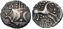 British CELTIC, Iceni. Anted. Circa AD 1-25. AR Unit (13mm, 1.20 g). Antd D-Bar (Icenian G) type. Two outline crescents back-to-back, two pellets between, on a central band set on vertical wreath / Ho
