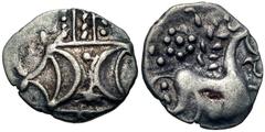 British CELTIC, Iceni. Ecen. Circa AD 25-38. AR Unit (15mm, 1.18 g). Ecen Corn Ear (Icenian H) type. Two outline crescents back-to-back, two pellets between, on a central band set on vertical wreath /